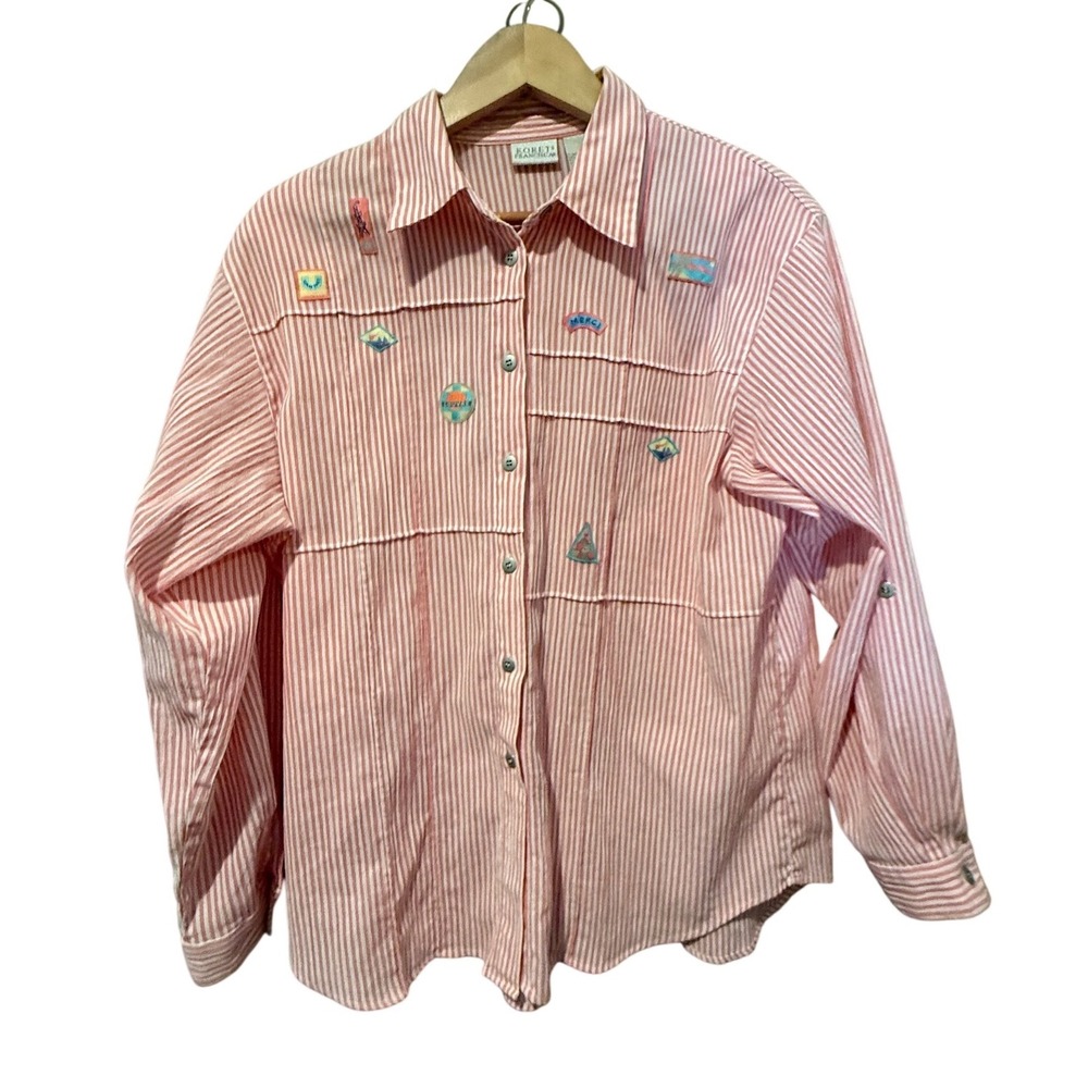 Koret Francisca Womens Pink White Striped Patch Button Down Shirt L Art Teacher